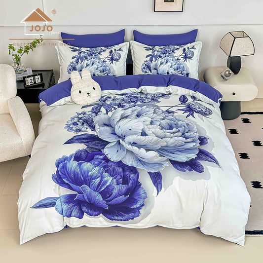 Lenjerie de Pat Finet 5D cu Cearșaf Elastic 180×200 cm – 6 Piese – Bujori Albaștri
