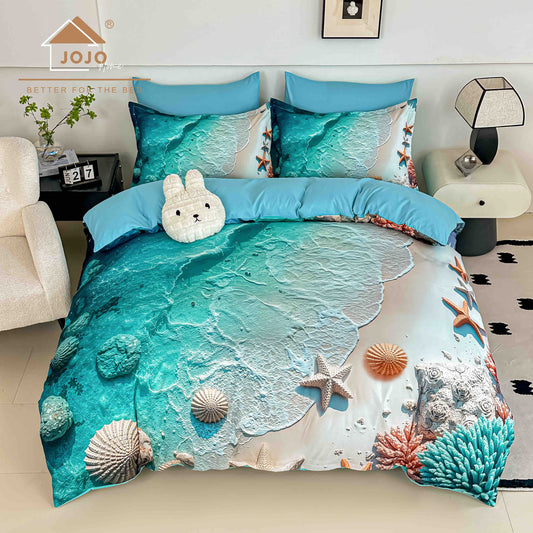 Lenjerie de Pat Finet 5D cu Cearșaf Elastic 180×200 cm – 6 Piese – Plajă Turcoaz
