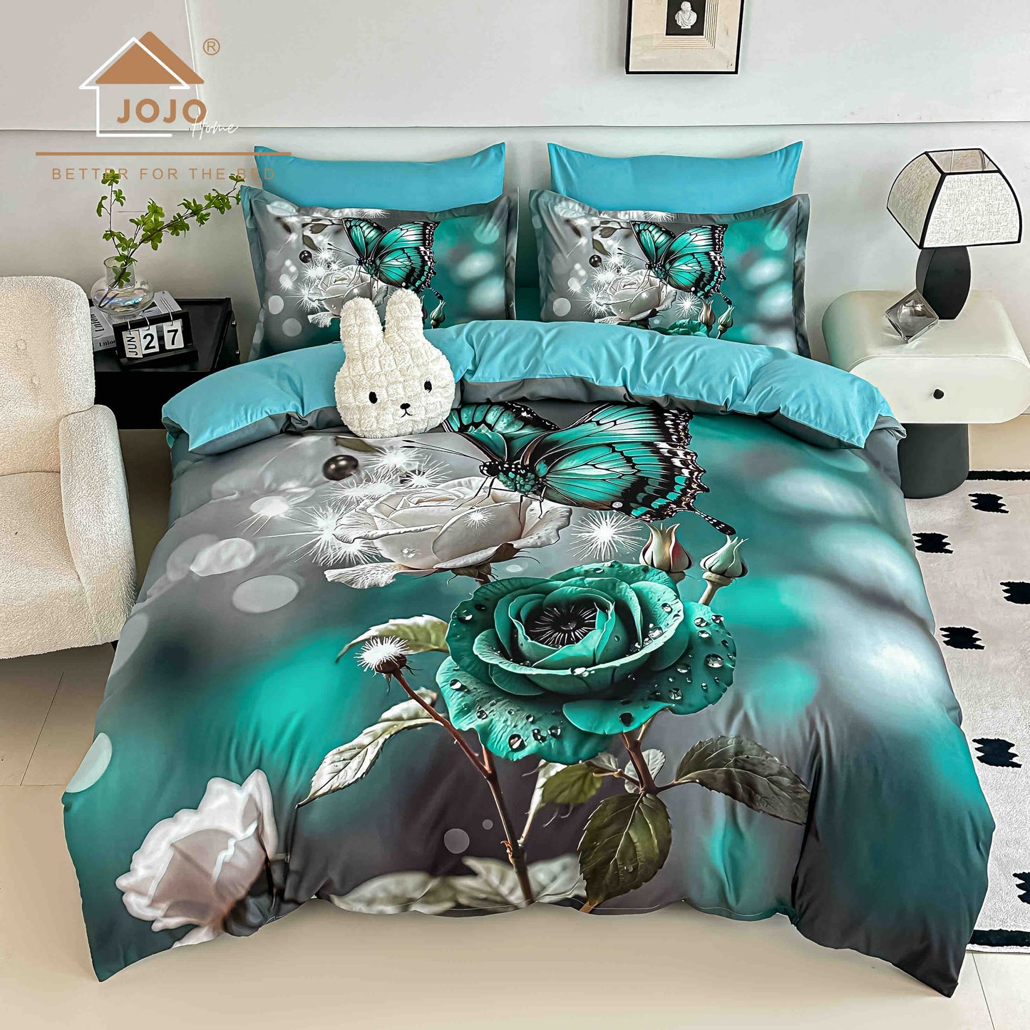 Lenjerie de Pat Finet 5D cu Cearșaf Elastic 180×200 cm – 6 Piese – Trandafir Turcoaz