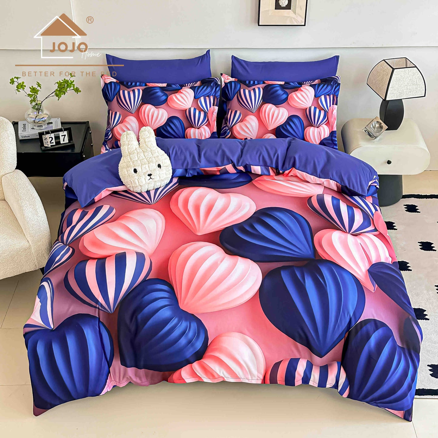 Lenjerie de Pat Finet 5D cu Cearșaf Elastic 180×200 cm – 6 Piese – Inimi Roz
