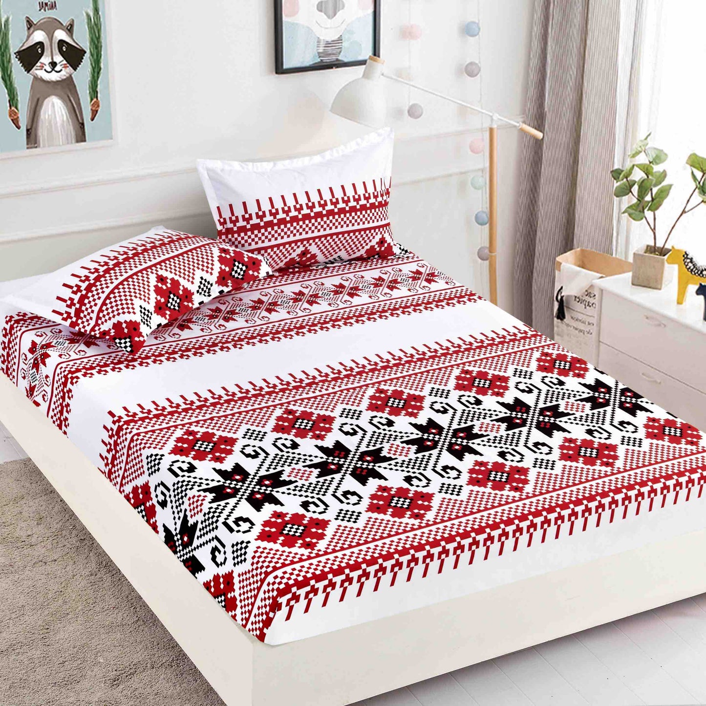 Husă de Pat cu Elastic din Finet + 2 Fețe de Pernă – Set 3 Piese, 180x200 cm – Motiv Românesc