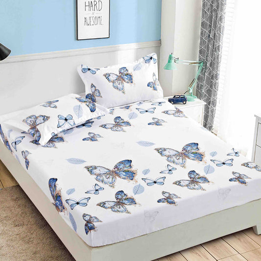 Husă de Pat cu Elastic din Finet + 2 Fețe de Pernă – Set 3 Piese, 180x200 cm – Fluturi Albaștri