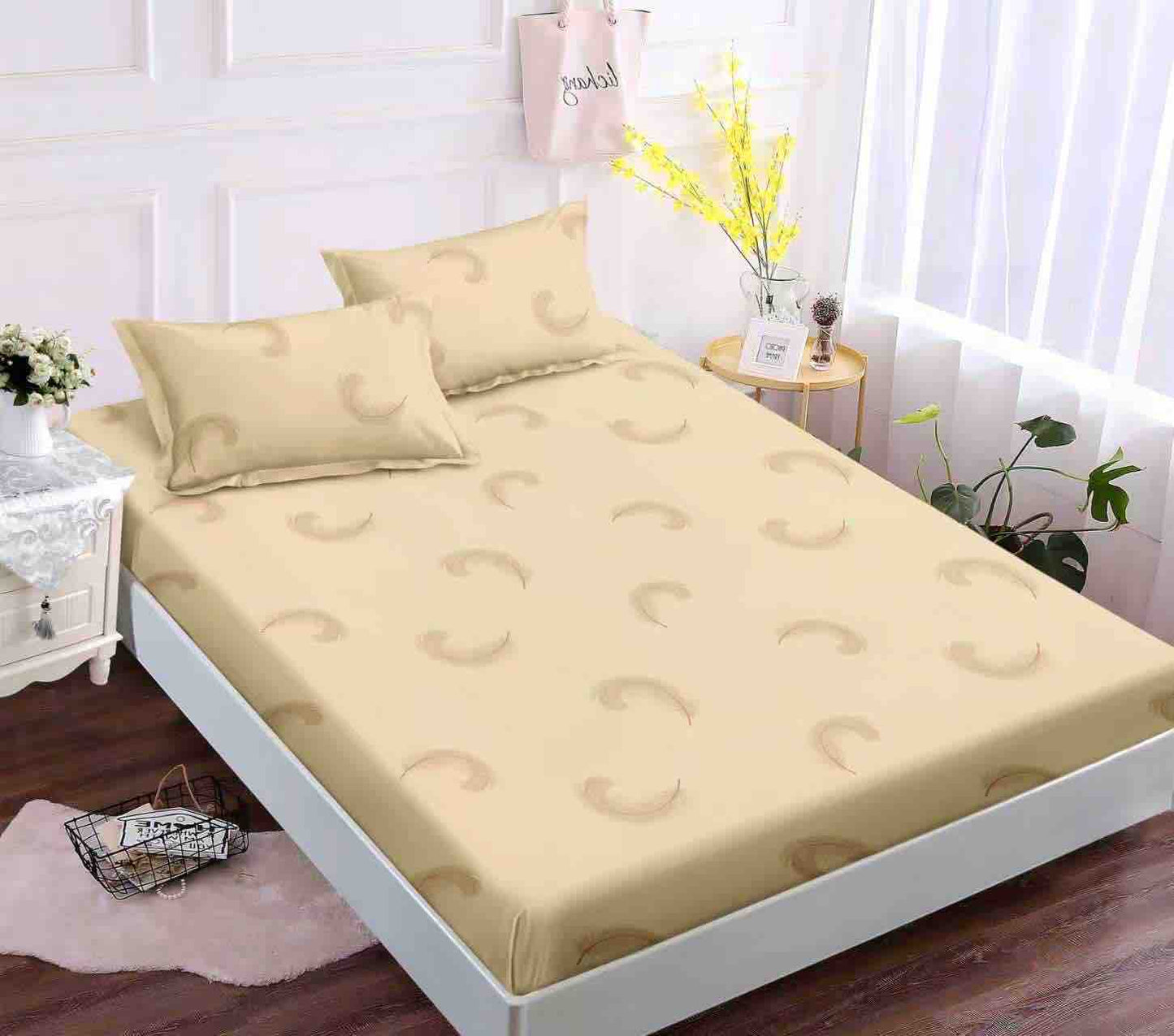 Husă de Pat cu Elastic din Finet + 2 Fețe de Pernă – Set 3 Piese, 180x200 cm – Semilună Crem