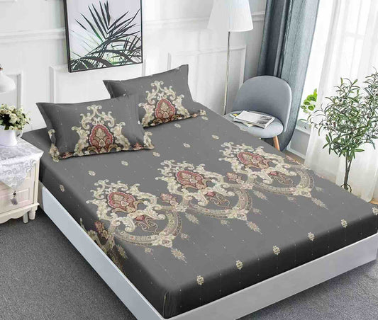 Husă de Pat cu Elastic din Finet + 2 Fețe de Pernă – Set 3 Piese, 180x200 cm – Baroc Gri
