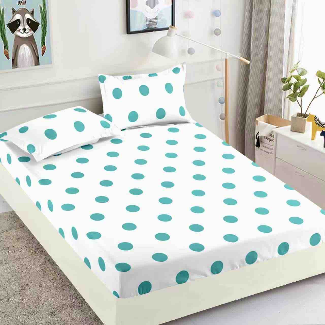 Husă de Pat cu Elastic din Finet + 2 Fețe de Pernă – Set 3 Piese, 180x200 cm – Buline Turcoaz