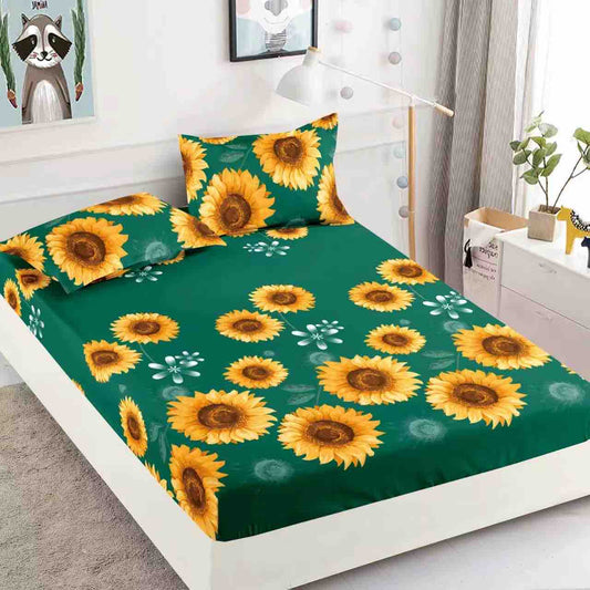 Husă de Pat cu Elastic din Finet + 2 Fețe de Pernă – Set 3 Piese, 180x200 cm – Floarea Soarelui