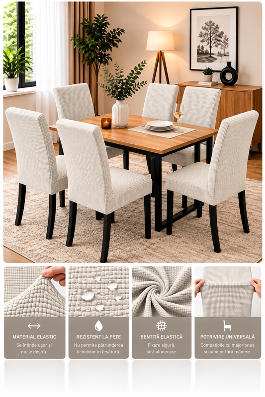 Set 6 Huse Elastice Premium pentru Scaune – Universale, Moi și Ușor de Montat