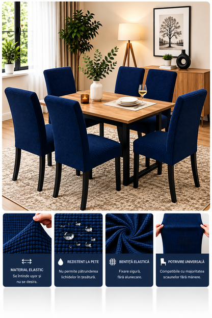 Set 6 Huse Elastice Premium pentru Scaune – Universale, Moi și Ușor de Montat