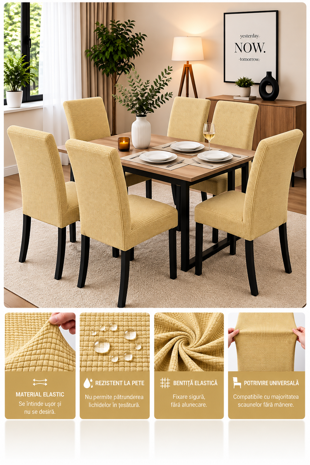 Set 6 Huse Elastice Premium pentru Scaune – Universale, Moi și Ușor de Montat