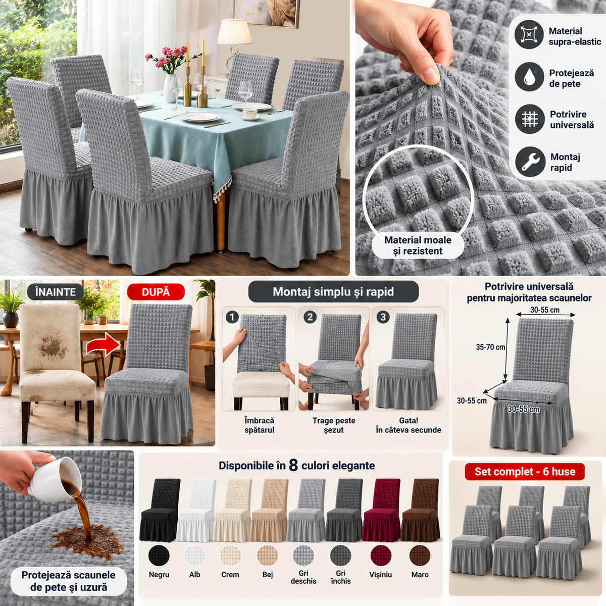 Set 6 Huse Universale pentru Scaune cu Volănaș – Elastice și Elegante
