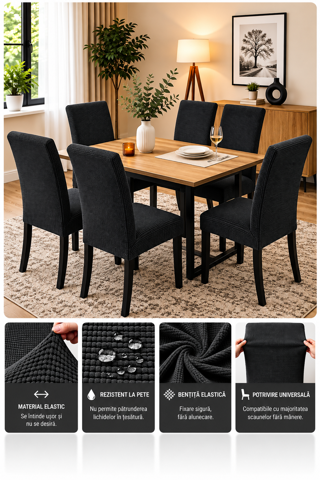 Set 6 Huse Elastice Premium pentru Scaune – Universale, Moi și Ușor de Montat