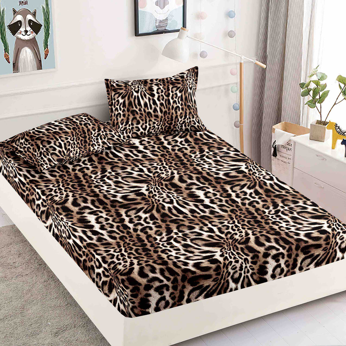 Husă de Pat cu Elastic din Finet + 2 Fețe de Pernă – Set 3 Piese, 180x200 cm – Leopard