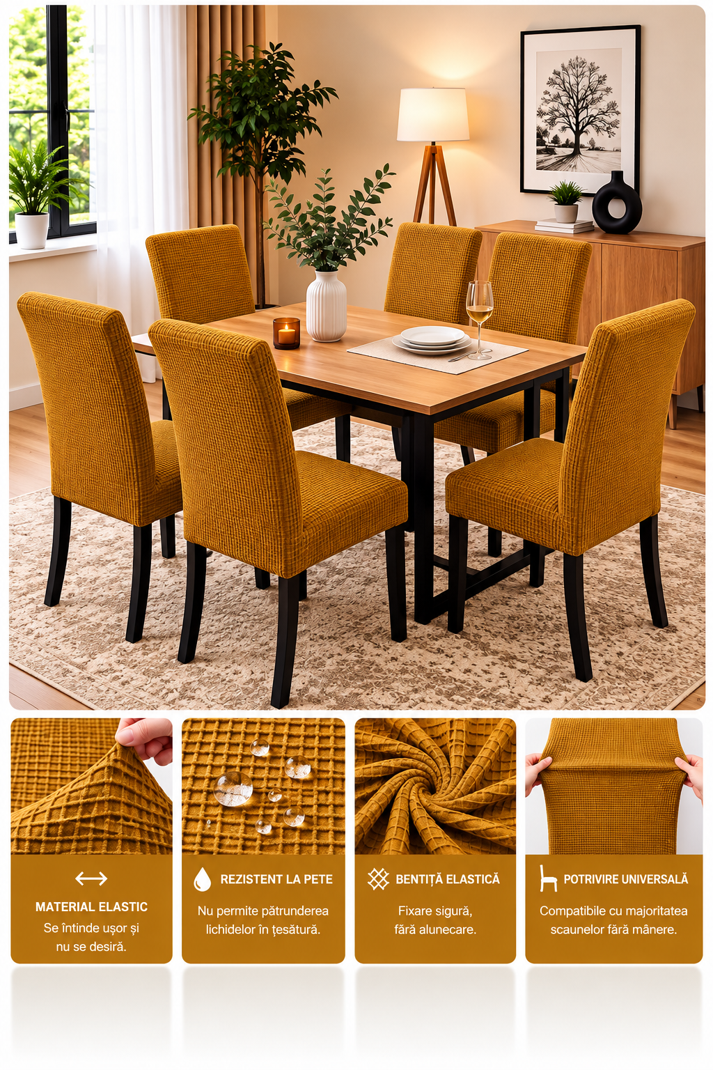 Set 6 Huse Elastice Premium pentru Scaune – Universale, Moi și Ușor de Montat