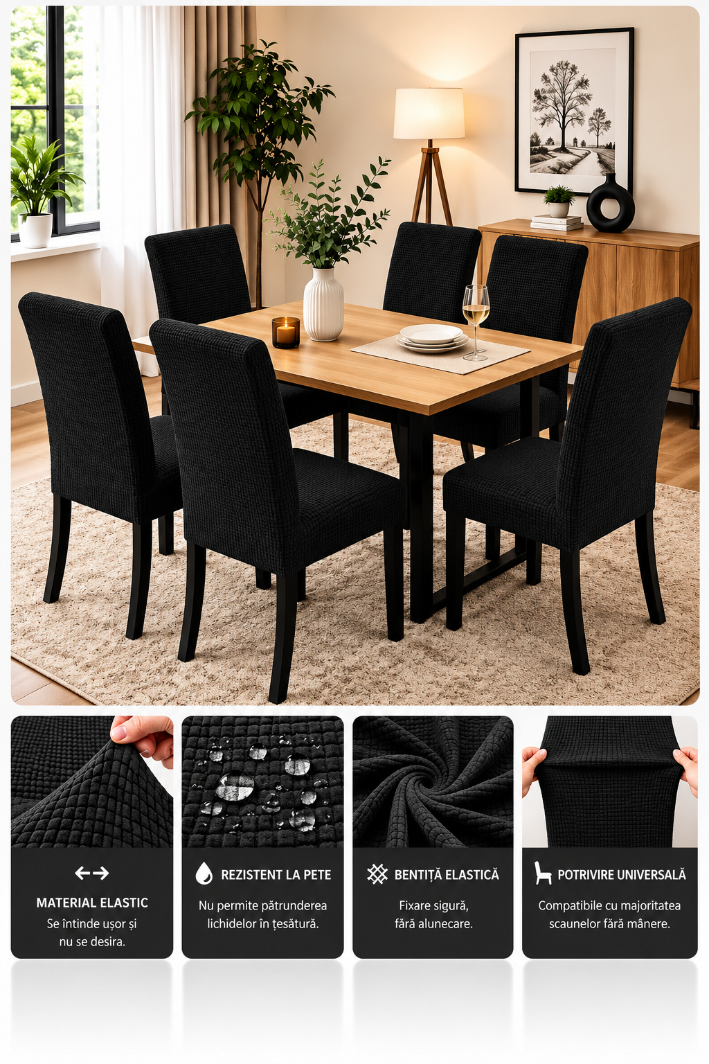 Set 6 Huse Elastice Premium pentru Scaune – Universale, Moi și Ușor de Montat