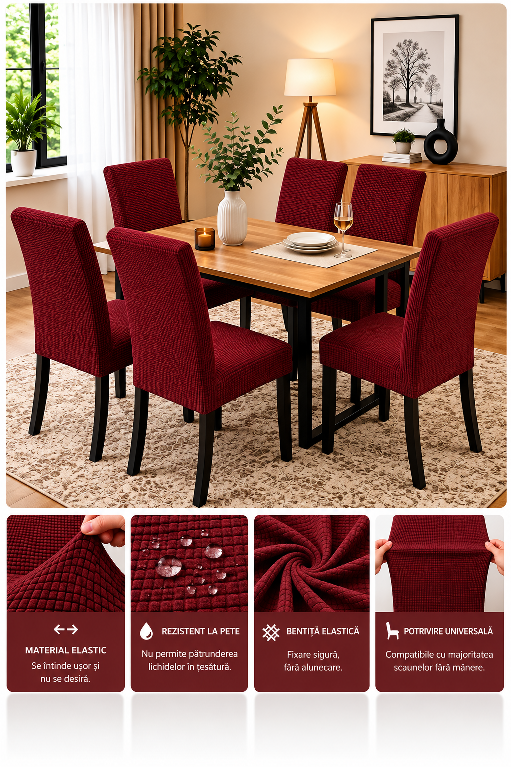 Set 6 Huse Elastice Premium pentru Scaune – Universale, Moi și Ușor de Montat
