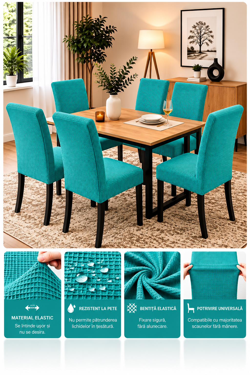 Set 6 Huse Elastice Premium pentru Scaune – Universale, Moi și Ușor de Montat