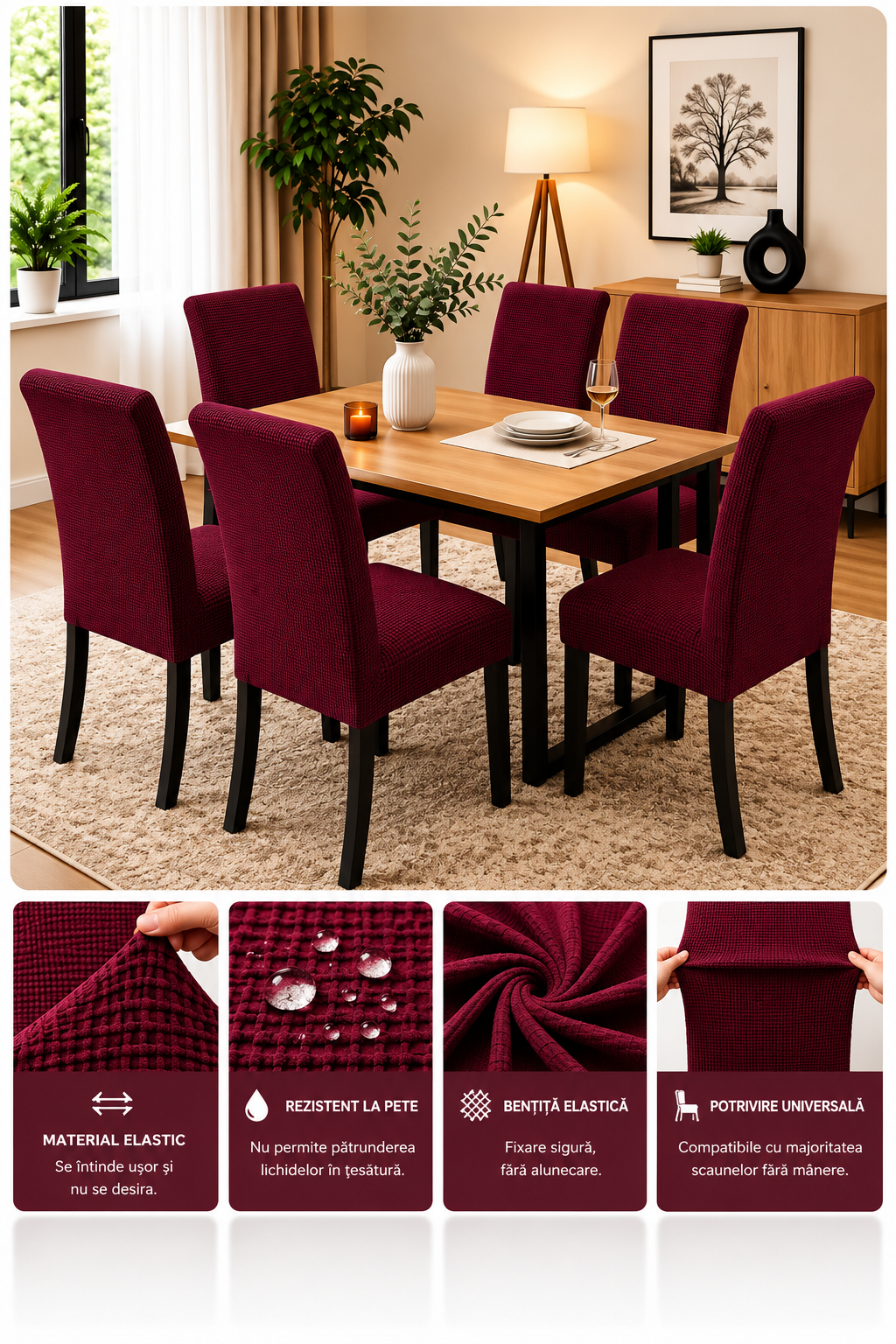 Set 6 Huse Elastice Premium pentru Scaune – Universale, Moi și Ușor de Montat